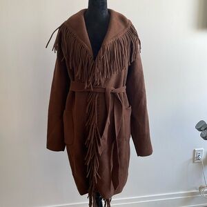 Chocolate Brown Aspen Chic Mid Length Coat with Fringe from Anthropologie